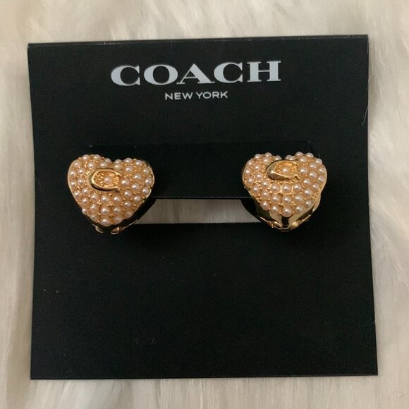 COACH Pearl Puff Heart Huggie Earrings in Gold - Picture 1 of 2